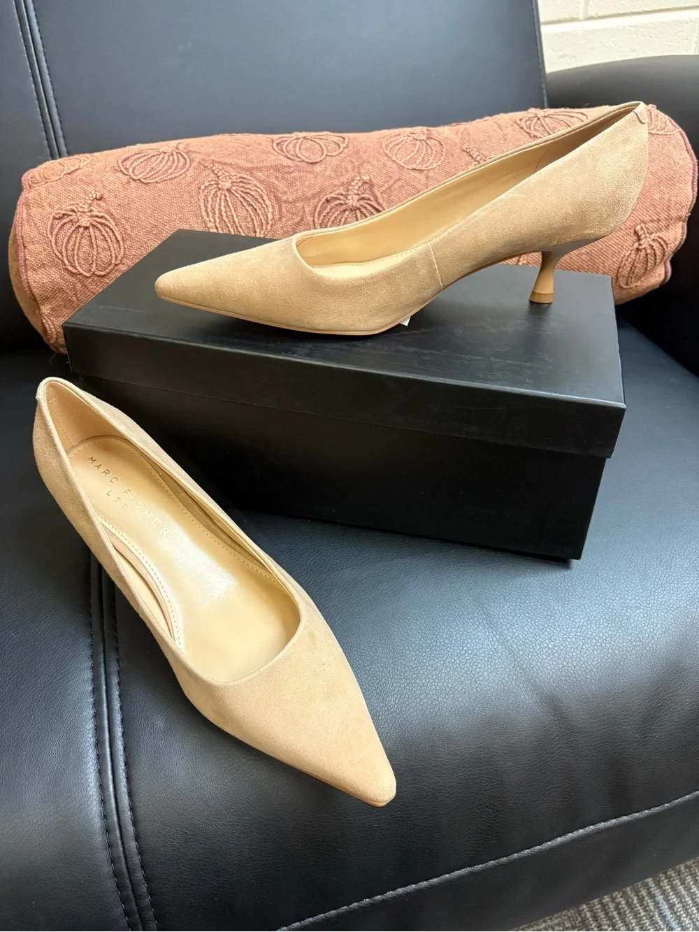 Marc Fisher Pointed Kitten Heel Pump in Beige